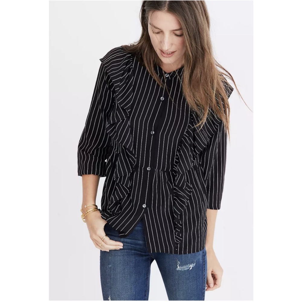 Madewell 100% Silk Striped Ruffle-Front Long Sleeve Lightweight Blouse Size S